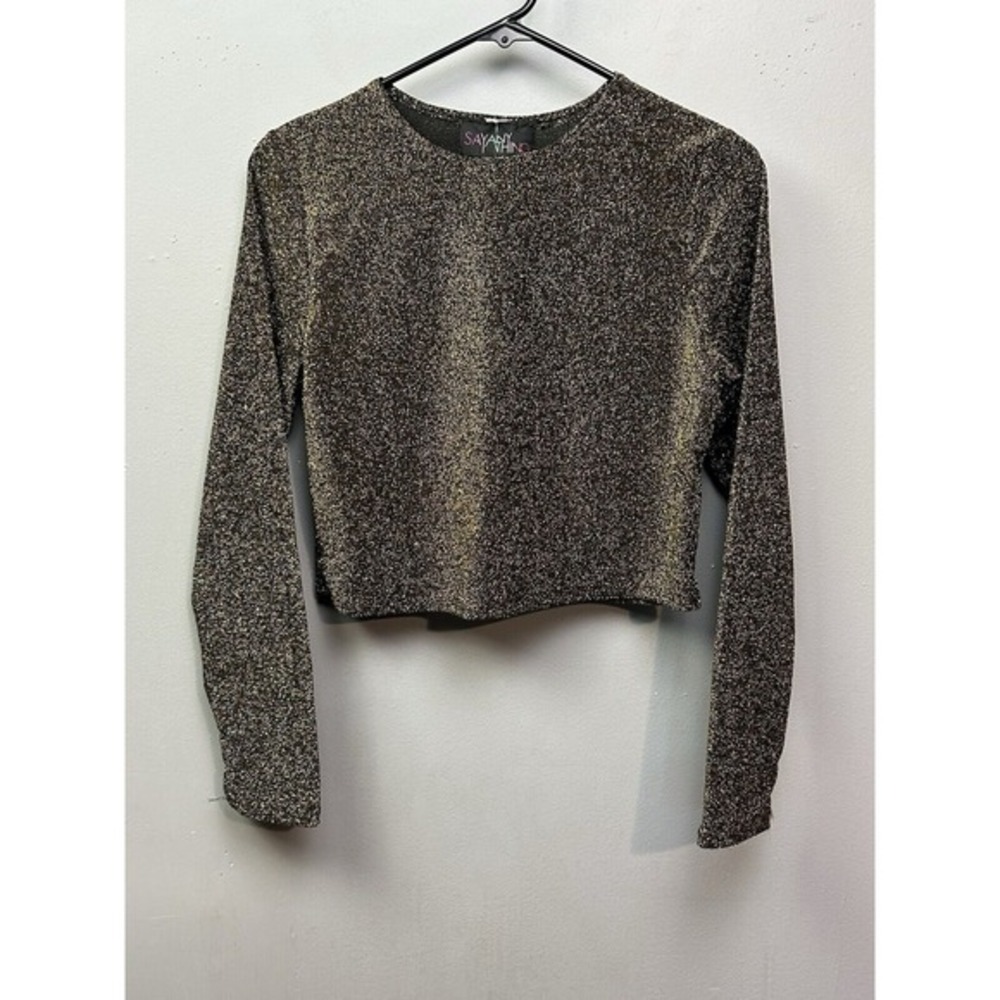 Say Anything Womens Gold Black‎ Metallic Shimmer Crop Top Long Sleeve XL 10428